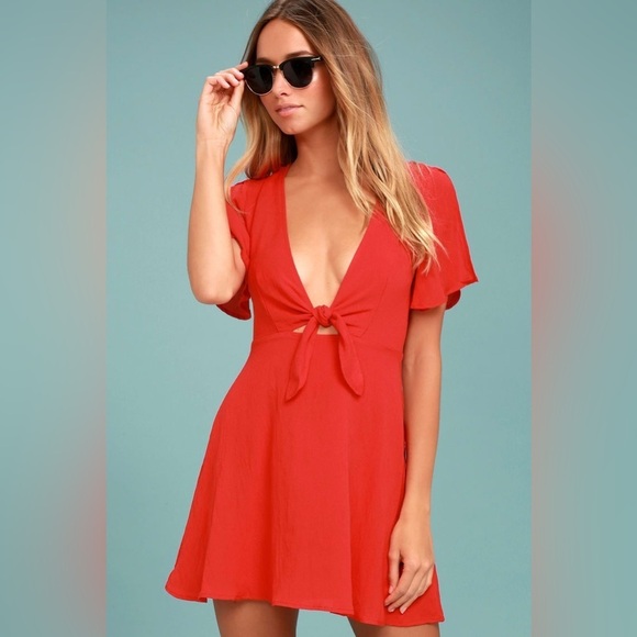 Lulus Sea Day Red Skater Tie Front Short Sleeve Plunging Neckline Mini Dress - Picture 2 of 10
